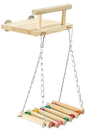 Juguetes de Jaula para percas de pájaros, Plataforma de Madera de Loro, Soportes de Ejercicio con Columpio de Madera, Rueda de Noria para Masticar periquitos, Conure, cacatúas, periquitos, colibrí