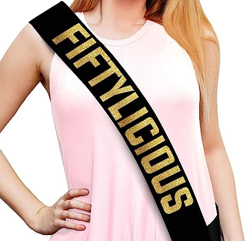 Sterling James Co. Fiftylicious schwarz-goldene glitzernde Satinschärpe – Partyzubehör, Ideen und Dekorationen zum 50. Geburtstag