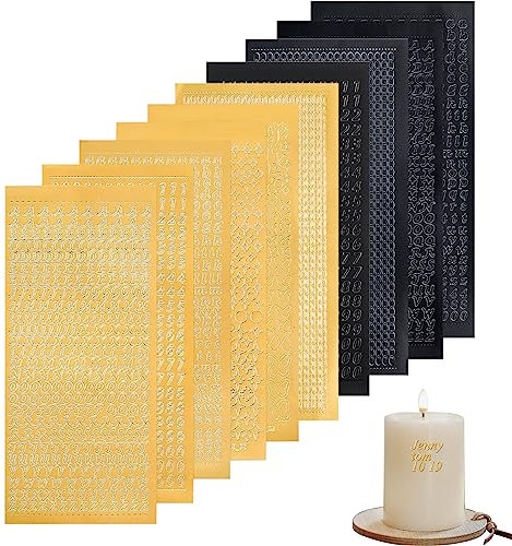 Wachsbuchstaben für Kerzen 10 Blatt Buchstaben Sticker und Zahlen Aufkleber Kerzen Beschriften mit Hilfspinzette Klebebuchstaben Gold für DIY Geschenk Kerzendekoration Handwerk (Gold/Schwarz)