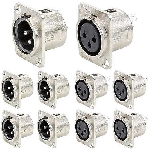Xiatiaosann Enchufe XLR de 3 pines, adaptador de montaje en panel de enchufe macho XLR de 3 pines y adaptador de montaje en panel de enchufe hembra XLR de 3 pines (paquete de 10)