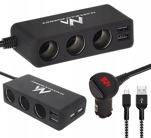Maclean MCE117 Auto Ladegerät Voltmeter Zigarettenanzünder Steckdosen Verteiler 3-Fach Steckdose 4xUSB 4,8A 5V KFZ (Zigarettenanzünder-Verteiler + USB C Kabel)