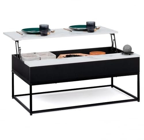 IDMarket - Table Basse Plateau relevable rectangulaire Alaska Effet marbre et Bois Noir Pied métal