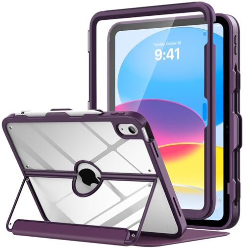 MoKo for iPad 11-inch (A16) 11th Generation Case 2025/ iPad 10th Generation Case with Pencil Holder 2022 10.9 inch, Built-in Screen Protector Clear Back, Multi Angle Viewing Stand, Dark Purple