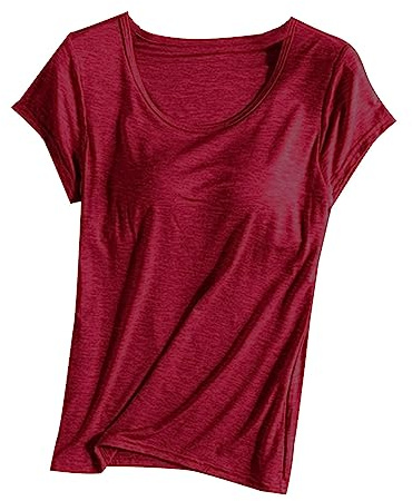 Top with Built in Bra for Women Short Sleeve Soft Cotton T Shirts Ladies Loose Fit Round Neck Loungewear Tops Summer Supersoft Comfy T-Shirts for Homewear Sleepwear