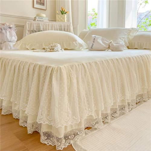 Odot Beige Betthusse 150x200 Bettrock, Weiß Spitzenkante Design Bettvolants mit Rüschen - 40 cm Rock, Baumwolle Bed Skirt mit Gürtel Matratzenschoner