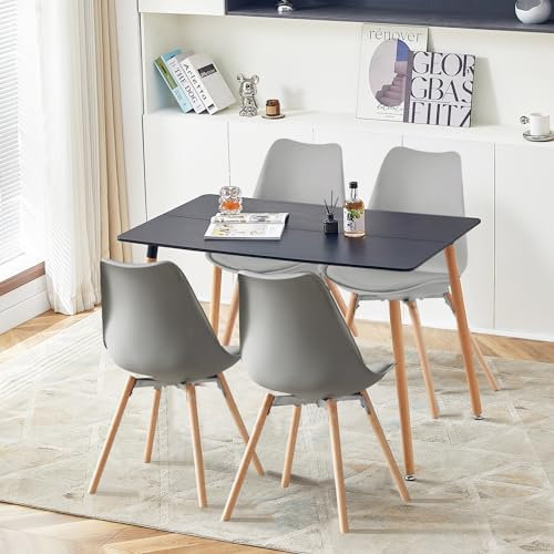 LafeuR Esszimmergruppe Esstisch mit 4 Stühlen, Rechteckig Küchentisch-Set Essgruppe für Küche Esszimmer und Wohnzimmer (Schwarz Tisch+4 Grau Esszimmerstühle)