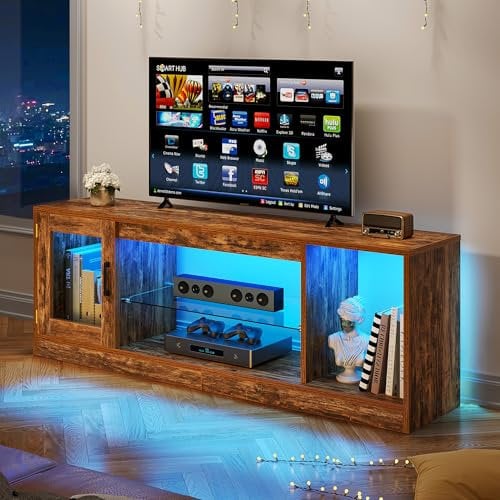 YITAHOME TV-meubel, Retro brandhout, 148 * 32 * 51cm, in hoogte verstelbare glazen Plank, 144cm RGB zevenkleurige lichtstrip, inclusief afstandsbediening met knoopbatterij