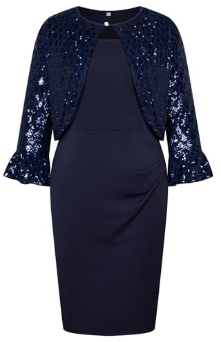 Hanna Nikole Damen Abendkleider Elegant für Hochzeit Kleid Hochzeitsgast Ärmellos Cocktailkleid Strickjacke mit Pailletten Blau