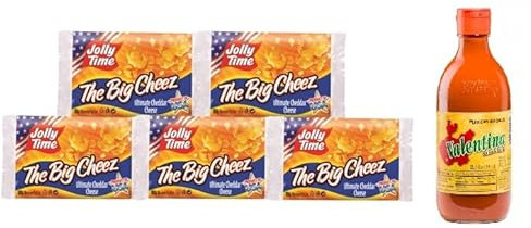 3 palomitas de maíz Jolly Time The Big Cheez con sabor a queso cheddar de 100 g y salsa Valentina, la salsa más famosa de México, 370 ml