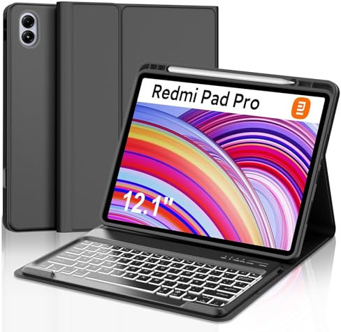 IVEOPPE Funda Redmi Pad Pro 12.1 con Teclado, Teclado Xiaomi Poco Pad 12.1 Pulgadas 2024, Funda Teclado Retroiluminado Español Ñ Desmontable Bluetooth para Xiaomi Redmi Pad Pro 12.1 2024, Negro