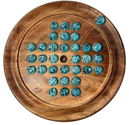 Solitaire Brettspiel aus Holz, 22 cm Durchmesser, ab 10 Jahren, mit brillanten blauen Sauerstoffglas-Marmoren, klassisches Solitär-Spiel aus Holz, Strategie-Brettspiel, Familien-Brettspiel, Spiele für