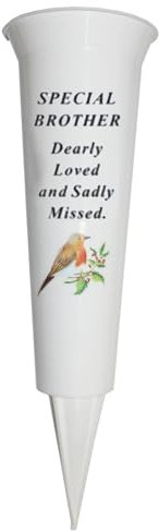 Memorial Grave Flower Pot - 33cm tall Sturdy White Memorial Graveside Flower Vase with Spike and Robin Image (Brother 8767)