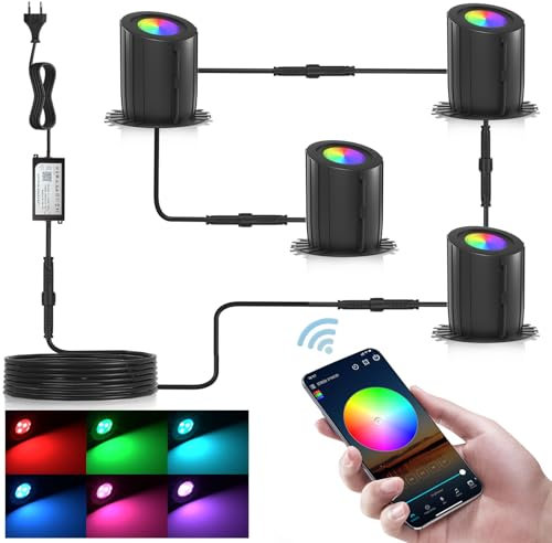 DarisingSun 4 Stück LED Teichbeleuchtung, WiFi RGB LED Gartenleuchte Steuerbar via App, IP68 Wasserdichter Gartenstrahler, Gartenlampen für Draußen für Hof, Bäume, Kompatibel mit Alexa, Google Home