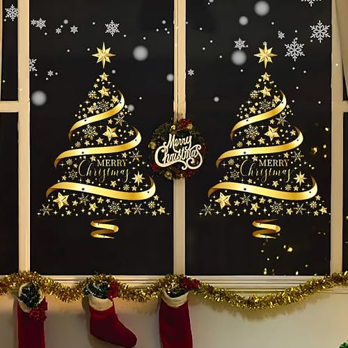 Janety Adesivi per finestre con albero di Natale per vetro, Adesivi statici dorati in PVC, decorazioni statiche natalizie fai da te per, camera da letto, vetrina, murale adesivo per porta (2 pezzi)