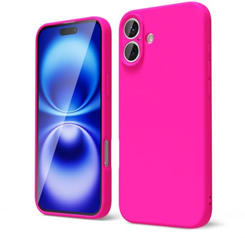 oakxco for iPhone 16 Case Liquid Silicone, Neon Bright Solid Color, Soft Rubber Gel Elegant Aesthetic Cover, Thin Slim TPU Matte Plain Smooth Case for Women Girl Cute, Hot Pink Fuchsia