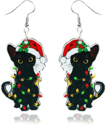 Katzen Ohrringe Damen, 1 Paar Weihnachts Ohrringe Hängend Schwarze Christmas Earrings Lustig Tier Ohrringe für Mädchen Damen, Weihnachten Accessoires, Geburtstagsgeschenk