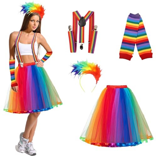 Shinybox 80s Kostüm Accessoires, 4 Stück Regenbogen Tüllrock, Fingerlose Handschuhe Bunt, Bunt Feder Stirnband, Suspender, Regenbogen Kostüm für Fasching Karnevalpartys Bühnenauftritt Accessoires(B)