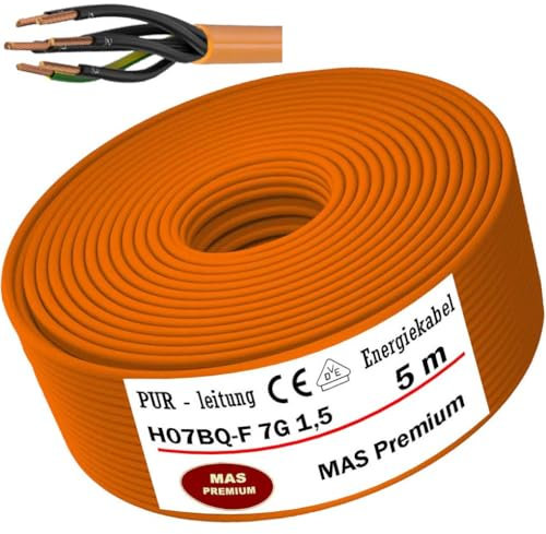 MAS-Premium® Câble de raccordement en polyuréthane H07BQ-F 7 x 1,5 de 5 à 100 m, orange, pour connecter des appareils agricoles ou commerciaux, câble de chantier (5 m)
