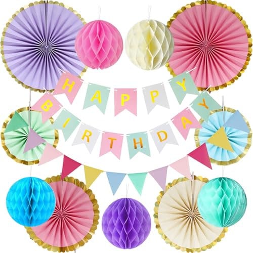 Decorazione Compleanno Pastello, Buon Compleanno Decorazioni Ragazza Donna Pastello con Striscione Happy Birthday Bandierine Pastel Ventagli di Carta Appesi, Addobbi Festa Happy Birthday Ragazza