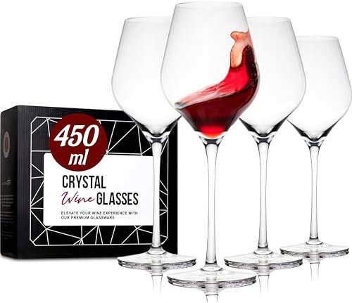 Gusto Nostro Lot de 4 verres à vin en cristal 450 ml – Verres à vin rouge et blanc à longue tige moderne, lavables au lave-vaisselle, élégants et raffinés – pour mariages, dîners, fêtes