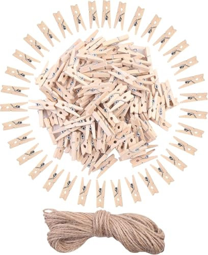 DERAYEE Mini Pince à Linge Bois,120PCS Petite Pince à Linge Decorative avec Ficelle,Mini Epingle en Bois pour Bricolage,Jardinage,Décoration