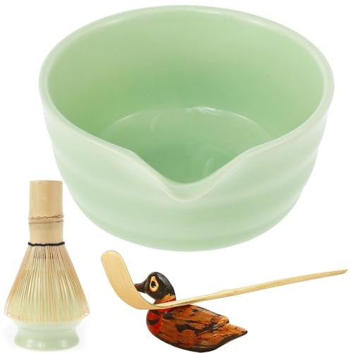 5Pcs Japanese Matcha Tea Set - Elegant Ceramic Bowl With Bamboo Whisk, Holder and Scoop - Traditional Handmade Kit (J)