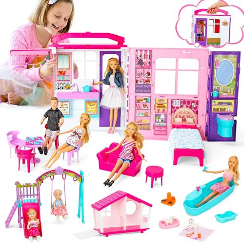 Doll House Gift Set for Dolls and Barbie with 60+ Pieces & 2 x 5.5inch Dolls (House + Pet House + Outdoor Playground)