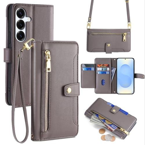 betterfon Handykette kompatibel mit Samsung Galaxy S25 | Leder Handyhülle mit Kartenfächern | Handyhülle zum Umhängen | Grau