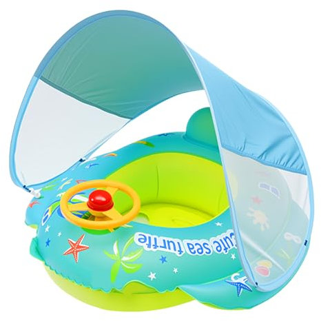 ACTOYS Salvagente Neonato Bambini con Parasole, Ciambella Neonato, Salvagente Gonfiabile per Bambini, Gonfiabili Neonato con Sedile, Piscinetta Gonfiabile Bambini Volante con Clacson 12 a (Spiaggia)