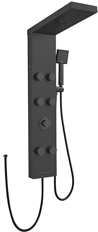 ROVOGO Komplett Schwarze Duschpaneel ohne Armatur, Duschpaneele mit LED, 4 Funktionen - Regendusche, 6 x Massagedüsen, Handbrause und Wasserfall Wanneneinlauf für Bad, Wandmontage Duschsäule Edelstahl