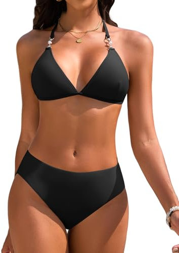 UMIPUBO Bikini Damen Set Sexy Triangel Neckholder Zweiteiler Bademode Bikinioberteil Tanga Bikinihose Badebekleidung Verstellbare Badeanzug Mit Perlen(Schwarz,XXL)