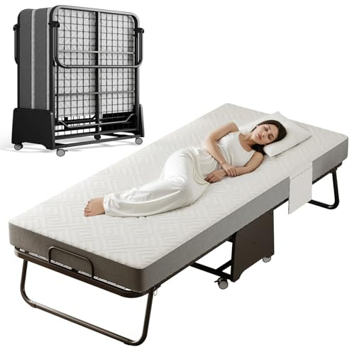 IMBSRBED Deluxe Folding Bed with Mattress with 5-inch Memory Foam Mattress on Rollers for Easy Storage with Metal Frame and Bed Side Pockets