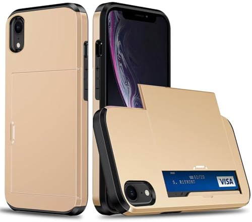 Belzsxy Handyhülle für iPhone XR Hülle, mit Kartenfach, Harte PC Stoßfest Robust Fallschutz Outdoor Militär Schutzhülle für iPhone XR (Goldene)