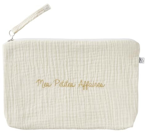 Baby trousse gaze de coton brodée “Mes Petites Affaires” ivoire - Compacte et pratique pour balade – Accroche poussette ou sac à main – Format nomade pour couches, lingettes, rechange – Design chic