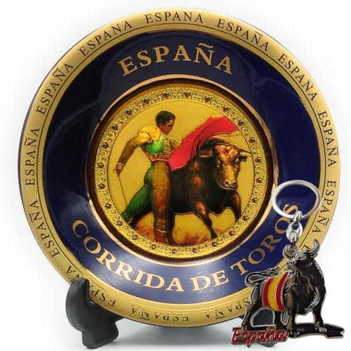 Planta Color Plato Decorativo España Corrida De Toros + Llavero Souvenir Toro (Incluye Soporte Y Gancho para Colgar) | Regalo Original para Amantes De La Cultura Española Y El Arte Taurino (Torero)