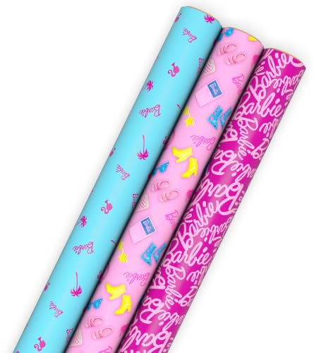 Hallmark Pink and Blue Barbie Wrapping Paper Rolls (3 Rolls: 60 Sq. Ft. Total) for Birthdays, Kids, Teens, Galentine's Day, Mother's Day, Bridal Showers