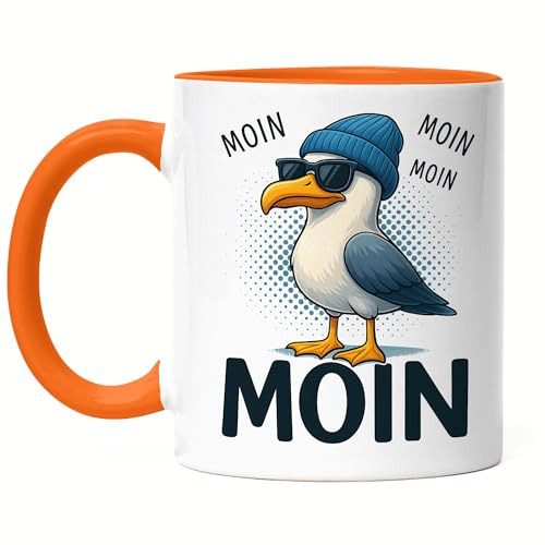 Hey!Print Moin Möwe Tasse Orange – Lustige Maritime Kaffeetasse für Hamburg und Sylt Fans