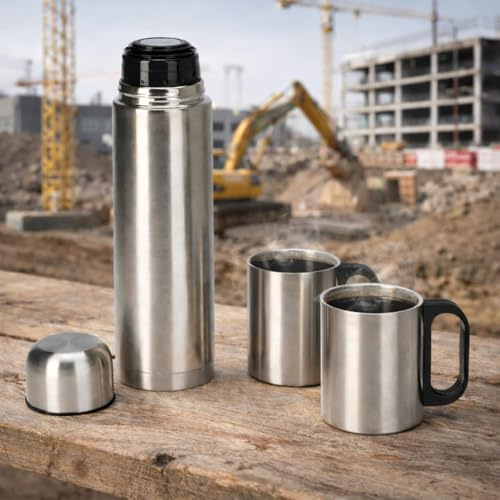 3‑teiliges Set Edelstahl Thermoskanne Isolierkanne 1 Liter + 2 Isolier‑Kaffeebecher Thermobecher – doppelwandig, vakuumisoliert, tropffrei, ideal für Kaffee & Tee oder Suppen