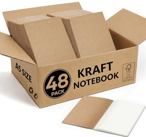 Foliom 48er Notizbuch A5 Blanko - Kraftpapier Notizheft mit Fadenbindung | 60 Seiten, 80g/m² beiges Papier, flachliegend, Großpackung für Büro, Schulklassen, Events & Workshops