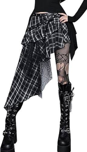 Ausing Damen Rock Kariert Unregelmäßig Tennisrock Mini/Midi/Lang/Kurze Röcke Hohe Taille A-Linie Skater Rock Vielseitig Plaid Gefaltete Gitterrock Größe S-L