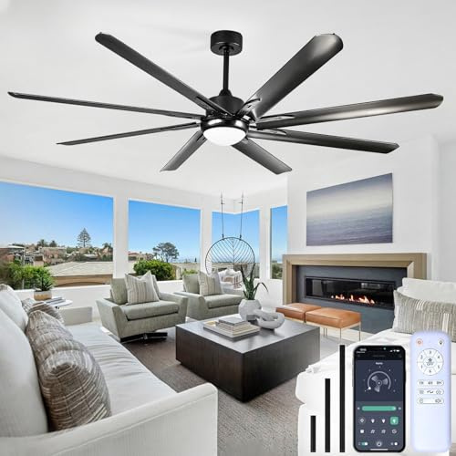 XSXUDODP 183cm Große Deckenventilator mit Beleuchtung, 8 Aluminiumflügel, Industriellel Deckenventilatoren mit Fernbedienung/App für Wohnzimmer, Lagerhallen, Turnhallen, Schwarz
