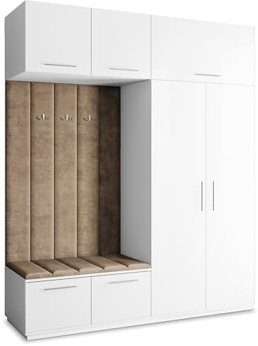 Masseno Flugarderoben Set Rema, Kleiderschrank-Set mit Sitzbank, Garderobenschrank Flur mit 5 Regalböden, Weiß