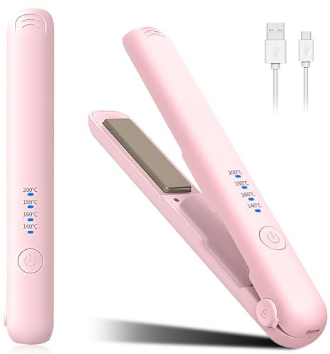 Mini Glätteisen Kabellos, 2 in 1 Reise Glätteisen Mini mit 4 Temperaturen Glätteise-n Locken und Glätten mit LCD-Display Tragbares Reiseglätteisen mit Aufladung, 30s Schnelles Aufheizen (Rosa)