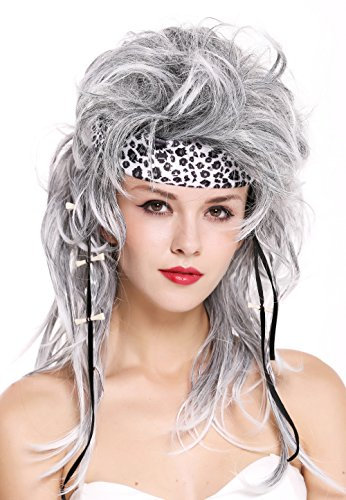 WIG ME UP - 91530 Perücke mit Stirnband Damen Herren wild Urmensch Steinzeit 80er Jahre Rock Star Grau Schwarz Mix **Erwachsene**