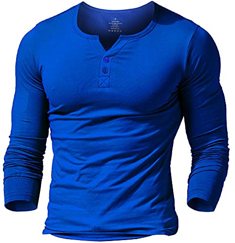 Mens Long Sleeve Muscle Slim Fitted Cotton Henley T-Shirt with Buttons Blue M