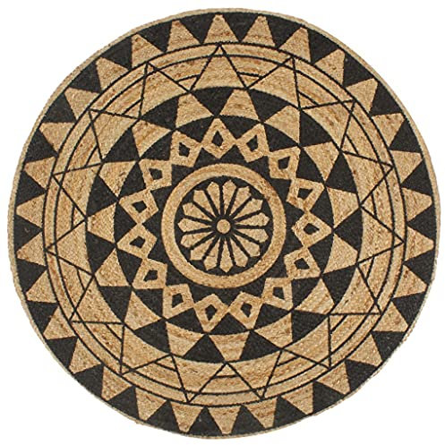 vidaXL Teppich mit Schwarzem Aufdruck Handgefertigt Kurzflor Wohnzimmerteppich Juteteppich Handwebteppich Schlafzimmer Flur Geflochtene Jute 90cm