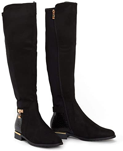 shelikes Womens Ladies Knee High Gold Detail Low Block Heel Zip Up PU Suede Black Boots