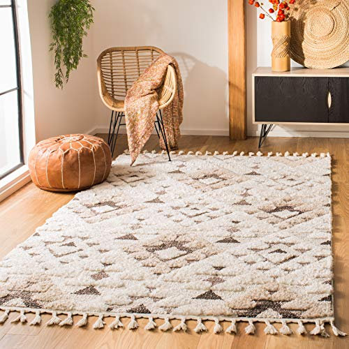 SAFAVIEH Zottelig Teppich für Wohnzimmer, Esszimmer, Schlafzimmer - Moroccan Tassel Shag Collection, Kurzer Flor, Elfenbein und Braun, 201 X 279 cm
