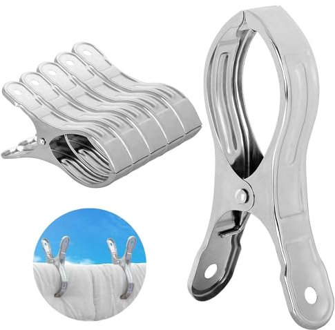 TOKERD 6 pcs Grandes Acero Inoxidable Pinzas de Toalla de Playa Clips de Metal Fuerte Pinza de la Ropa Clavija de Toalla de Playa para la Ropa Pesada y el Lavarse