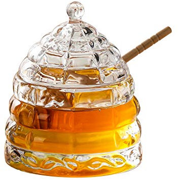 Omita Pot à miel avec cuillère et couvercle 283,5 g en bois transparent en forme de nid d'abeille, fabriqué à la main, grand pot à miel, pot à miel, pot à confiture, gelée, cuisine
